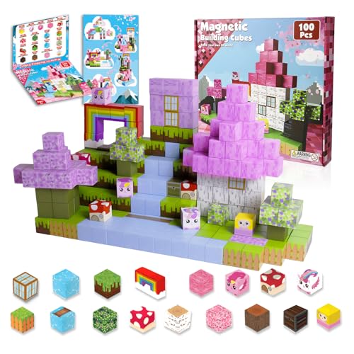 Magnetic Blocks - 100 PCS Magnet Block Stacking Sensory STEM Outdoor Game for 3+ Years Old Boys&Girls Children Birthday Easter Gift, 3D Tiles Construction Weekends Toy Set, Castles and Rainbow