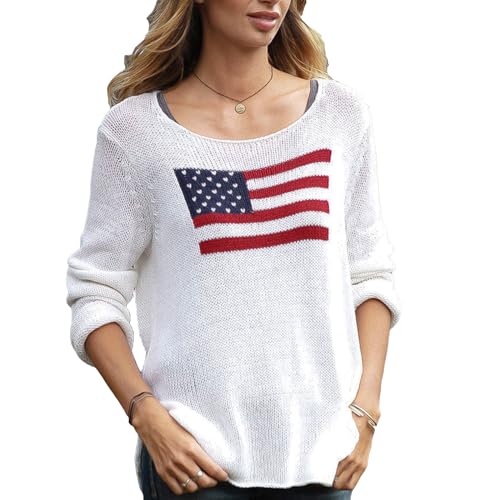 Image of Women American Flag Sweater Loose Vintage USA Sweatshirt Long Sleeve Crewneck Hollow Out 4th of July Jumper