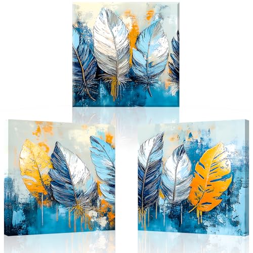 PIY PAINTING Pintura sobre lienzo de plantas, impresión sobre lienzo con hojas, arte mural sobre lienzo amarillo, azul y blanco, carteles artísticos grandes para dormitorio, salón, entrada, 3 x 58 x