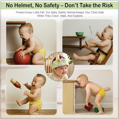 Image of GLUN Baby Head Safety Helmet, Pack of 1 Green Printed Colour, Lightweight & Breathable Safety Head Protector Helmet, Crawling, Soft Cushion Safety Headguard, 6-12 Months Cushion Bumper