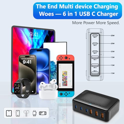USB C Charger Block,100W GaN 6 Port Fast Charging Station Hub for Multiple Devices,Wall Charger PD 3.0+QC Power Strip Adapter Plug for All iPhone 17 16 15 iPad Samsung iWatch Android Pixel Series - Image 3