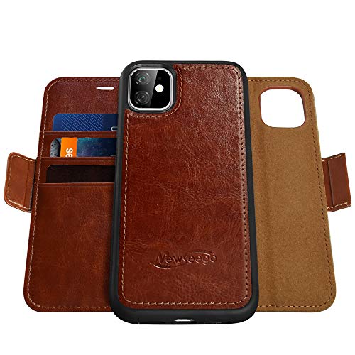 Newseego Compatible with iPhone 11 Leather Case iPhone 11 Wallet Case [Detachable 2 in 1 Wallet Folio] [Premium Vegan Leather] 2-Way Viewing Stand for Apple iPhone 11 Flip Cover - Brown