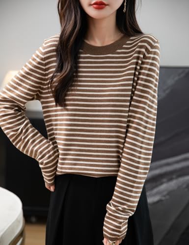 Women's Merino Wool Blend Sweater 2025 Fall Winter Casual Crew Neck Striped Long Sleeve Knit Pullover Sweater3