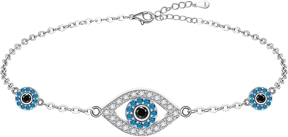 Evil Eye Anklet S925 Sterling Silver Blue Evil Eye Ankle Bracelets for Women Greek Turkish Good Luck Anklets Jewelry Dainty Summer Mothers Day Gifts Adjustable