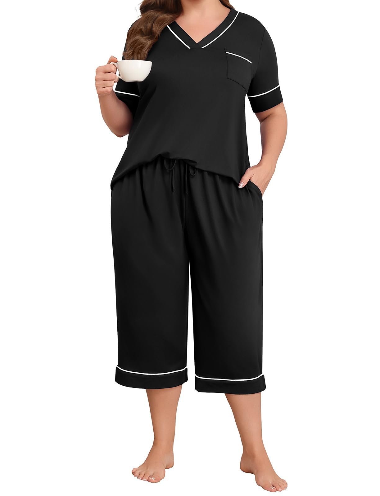 Lastshe Plus Size Womens Pajama Set 2 Piece V Neck Short Sleeve Capri Pants Loungewear Pjs Lounge Set
