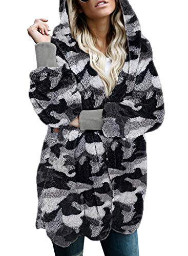 Dokotoo Womens Cozy Ladies Fashion Oversized Fuzzy Fluffy Fleece Winter Fall Soft Open Front Long Sleeve Fleece Hoodies Cardigan Sweater Jacket Coats Outerwear Camo Camouflage X-Large