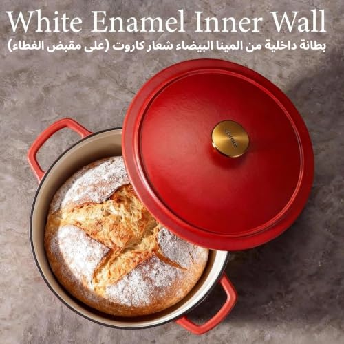 Image of CAROTE 4.7 Litre Enameled Cast Iron Dutch Oven with Lid - Biryani Pot | Gas & Induction Compatible | Oven Safe up to 260C | Even Heat Retention | Red