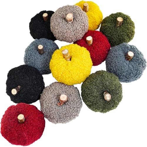 Image of Winlyn 12 Pcs Assorted Small Faux Sherpa Pumpkins Decorative Burgundy Yellow Olive Gray Taupe Black Fabric Foam Pumpkins for Farmhouse Fall Thanksgiving Halloween Table Centerpiece Decor