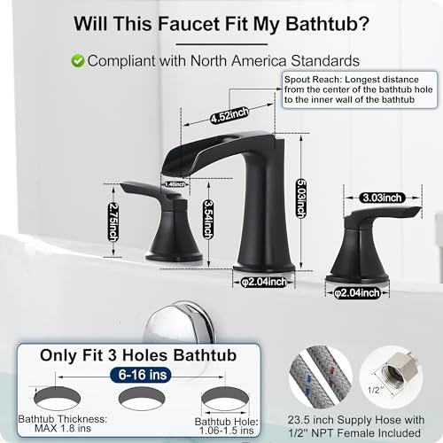 Hoigy HYBTF-07-B Roman Waterfall Bathtub Faucets, Brass High Flow Bathtub Faucet 3 Hole 6-16 Inch Widespread Black Tub Faucet Set 2 Handle, Deck Mount Filler Bath Faucet thumb #5