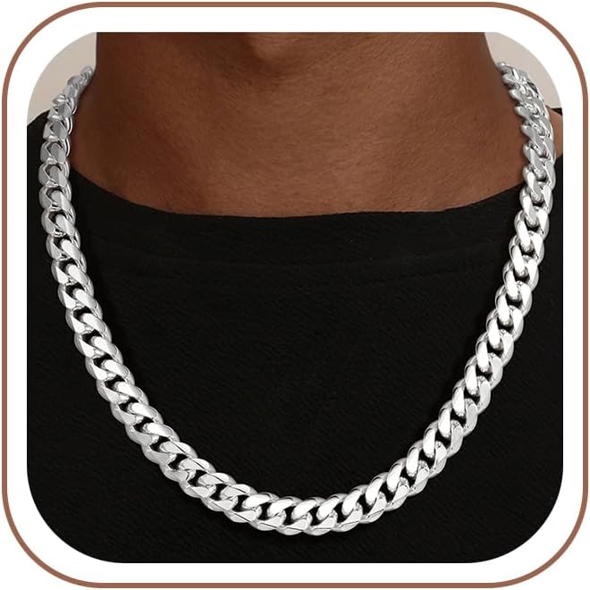 HIMSTORY Cuban Link Chain for Men, 925 Sterling Silver Over 9mm/10mm/12mm Chunky Cuban Chain Diamond Cut Silver Necklace Chains Gifts for Men Father Boyfriends