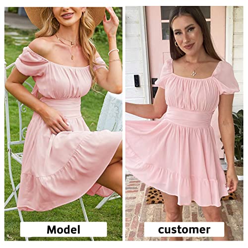 Exlura Women's Tie Back Square Neck Short Puff Sleeve Casual Dresses A Line Sundress Mini Dress Pink #TOP2