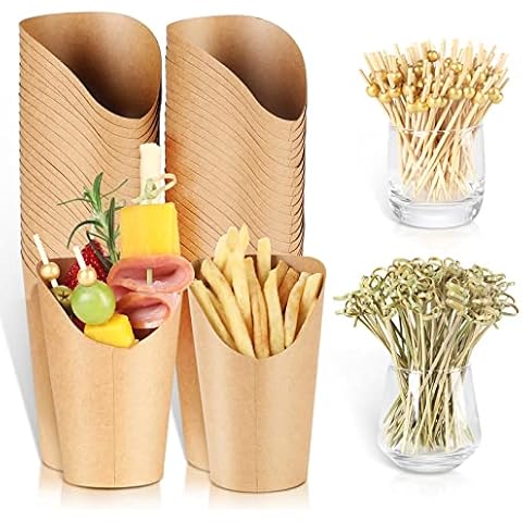 SEANSDA [50 Cups + 200 Picks] Disposable Kraft Charcuterie Cups (14 oz) with Cocktail Picks (2 Types) Cover
