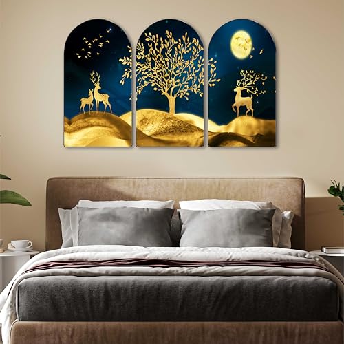 Image of SAF Golden Deer Moonlight Wall Art 3 Panel Set | Luxury Blue & Gold Tree Painting on MDF Board | Modern Wall Decor for Living Room Bedroom Office (30 x 50 Inch) RPNL-62