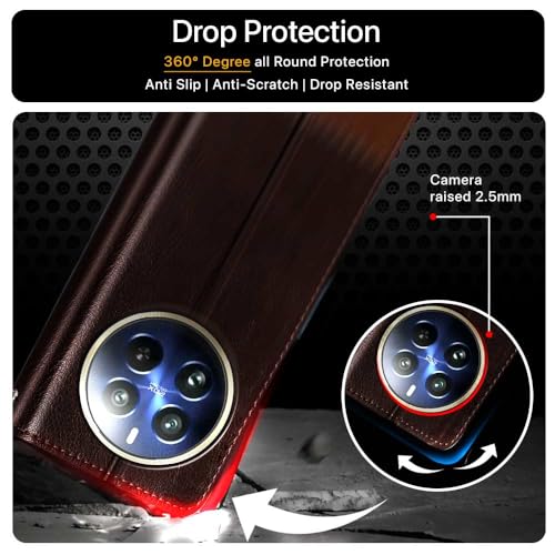 Image of Flipped Vegan Leather Flip Case Back Cover for Realme 12 Pro 5G | Realme 12 Pro Plus 5G (Flexible, Shock Proof | Hand Stitched Leather Finish | Card Pockets Wallet & Stand | Coffee with Brown)