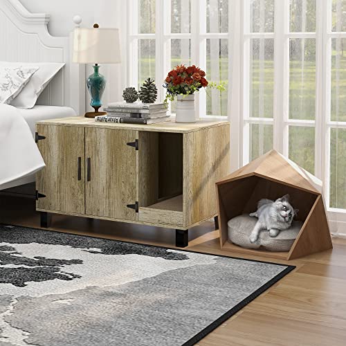 Taohfe Litter Box Enclosure Cat Litter Box Furniture Hidden With Cat Scratch Pad Decorative Farmhouse Wooden Hidden Litter Box Cat House Litterbox Furniture Cat Box Furniture Litter Box Cabinet,Oak #TOP5