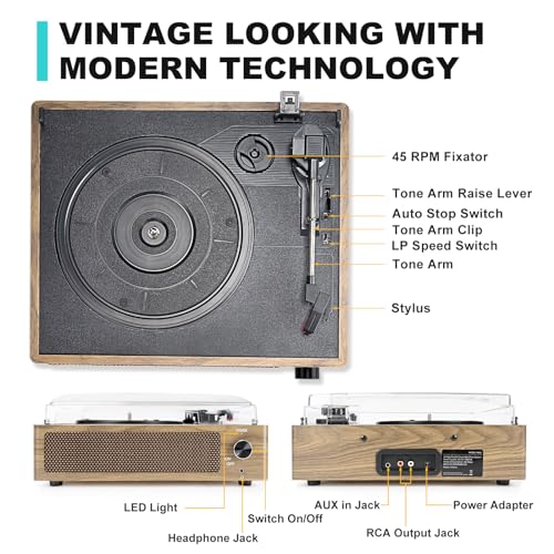 Image of Retro Vinyl Record Player with Speakers Vintage Turntable, Wooden