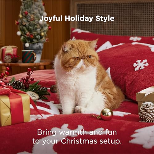 Image of Bedsure Fluffy Christmas Comforter Set King - Red Bedding with Running Reindeer, Warm Flannel Fleece Bed Sets for Winter, 3 Pieces, 1 Soft Plush Shaggy Comforter with 2 Pillowcases | Bed in a Bag, Comforters, Bedroom, Flannel Fleece Bedding with Running Reindeer Pattern, Soft Plush Shaggy Set, Easy Care