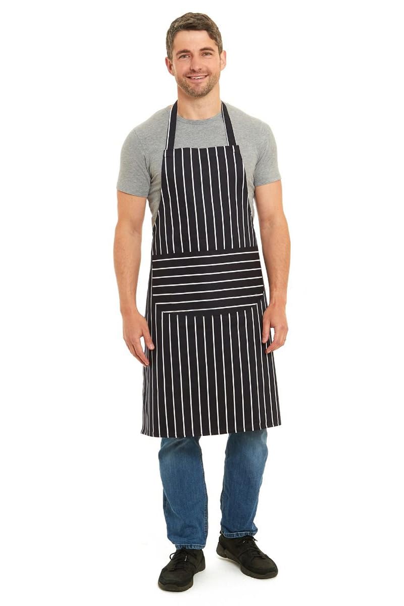 Tesmark Striped Barbecue & Butcher Aprons for Men and Women with Pockets, One Size Stripe Design Versatile Aprons Ideal for Home, BBQ and Professional Use (Black)