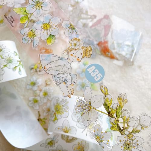 Richtapes Seahorse Forest Vol6 A35 Pear Blossom White,Pre-Cut Kawaii Floral Clear PET Washi Tape Stickers,Original Vintage Design,for Scrapbook Supplies,Scrapbook Tape Stickers,Junk Journal Supplies