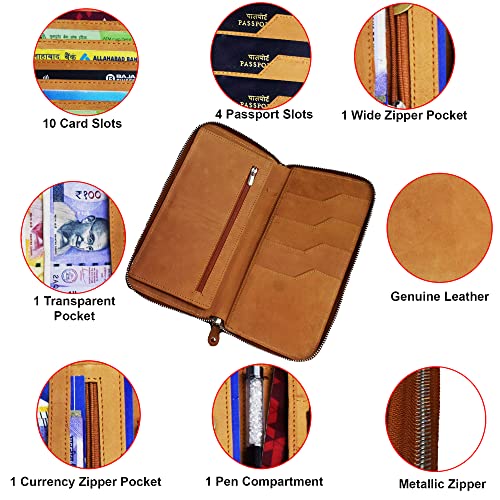 Image of ABYS Genuine Leather Unisex Passport Holder||Travel Wallet||Card Case with Metallic Zip Closure (Tan)