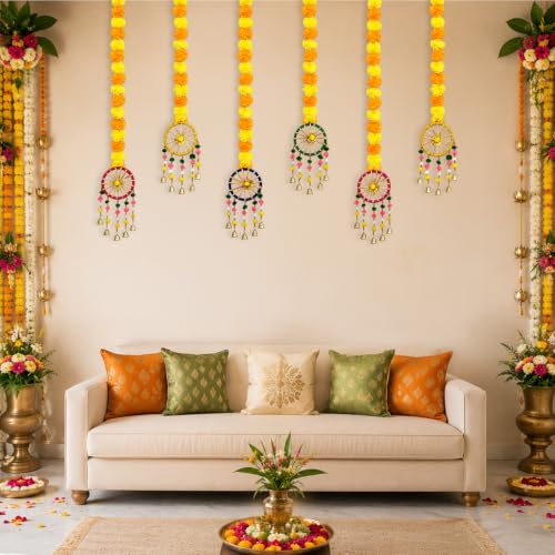 Image of Party Propz Artificial Marigold Hanging Decoration Items with Chakra Latkan- 6Pcs Ganpati Decoration Setup for Home, Varamahalakshmi Decorative Items, Door Hanging, Wall Latkan, Krishna Janmashtami