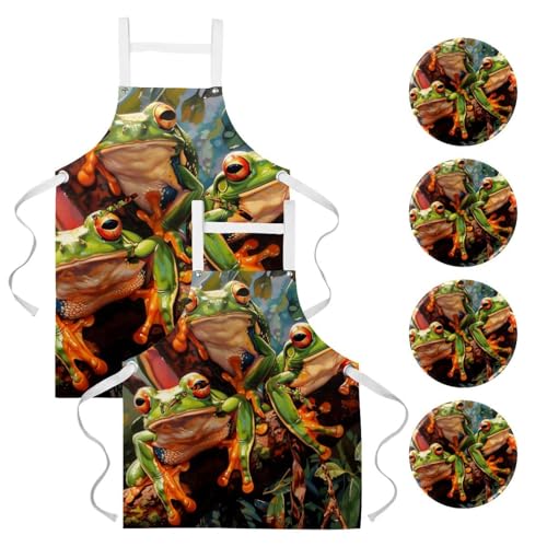 Tablier de cuisine lot de 2 avec motif grenouilles tropicales et 4 broches pour bar