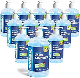 12 x 500ml Instant Hand Sanitiser Gel Pump Multipack from Handsafe, Kills 99.9%+ Bacteria, 70% Alcohol Based, Medical Grade, Anti Bacterial Fast Acting Formula