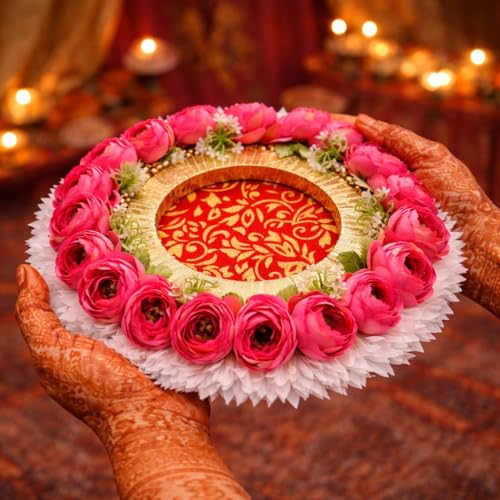 Image of SATYAM KRAFT 1 Pc Handcrafted Engagement Ring Holder Platter Round thali-Ideal for Ring Ceremony, Sagai,shaadi Decor,Marriage, Handmade Decorative Platter for Brides Maid (Pink)