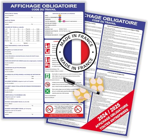 Affichage Obligatoire Entreprise 2025/2026 Fabriqué En France - Conforme Code Du Travail – Lot De 2 Affiches Adhésives (21x30cm) + Autocollant Rond Interdiction De Fumer – Résistant Aux Intempéries