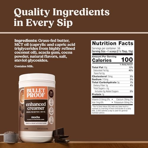 Image of Bulletproof Mocha Creamer, 29.6 oz Value Size - Keto Coffee Creamer with MCT Oil, Grass-Fed Butter, and Real Cocoa, No Sugar Added, Supports Brain Function