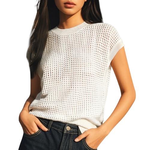 Danny D Women's Crewneck Crochet Top Summer Hollow Out Beach Cover Up Through Top Knit Pullover Short Sleeve Tees Shirts4