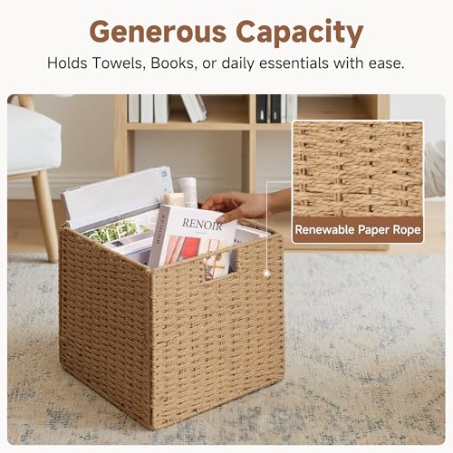 StorageWorks 13 inch Wicker Storage Baskets, Foldable Handwoven Wicker Basket for Organizing, Natural Paper Rope Square Storage Cubes, 2 Pack by StorageWorks - Used condition - Image 4