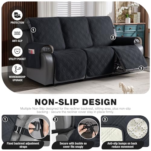 Image of TAOCOCO 100% Waterproof Recliner Sofa Cover Non Slip Couch Cover for 3 Seat Reclining Sofa, Split Reclining Couch Covers 3-Piece with Straps, Washable Sofa Slipcover for Kids Pets(3 Seater, Black)