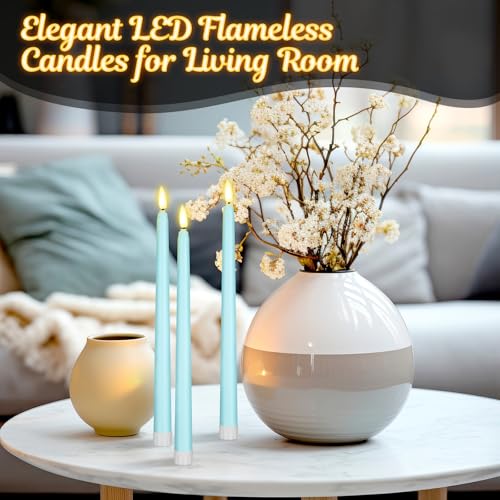Image of Handepo 48 Pack Flameless Taper Candles Realistic with Flickering Candlelights Plastic 11 Inch Last Long Battery Operated Window Candlestick for Halloween Christmas(Teal)