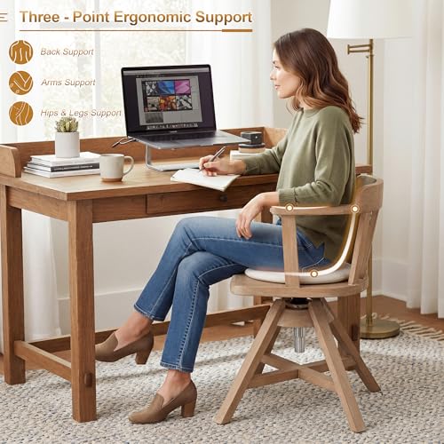 Image of Zesthouse Solid Wood Home Office Desk Chair with Arms, Vintage Office Chair with Adjustable Height & Slatted Back, Heavy Duty Swivel Desk Chair No Wheels, Antique Brown Finish+White Linen Cushion