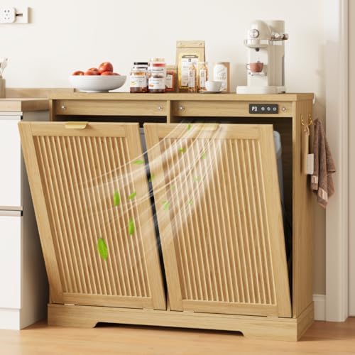 2 X 13 Gallons Double Tilt Out Trash Can Cabinet with Deodorising Function, Wood Fluted Trash FreeStanding Recycling Cabinet, Laundry Cabinet Pet Proof Trash Can Holder for Kitchen Living Room, Oak