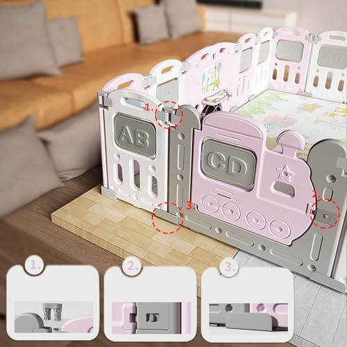 Image of Dawnwake Assembly-Free 14 Panel Playard, Baby Playpen Fence with Crawling Mat and Football for Baby Upto 8 Years with Safety Locking Door & Drawing Board (150 x 150cm, Foldable) -Pink