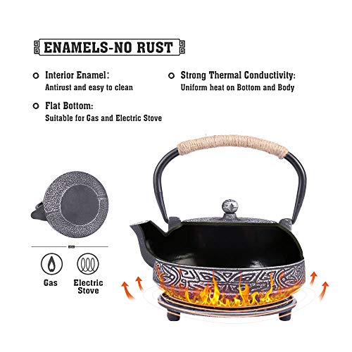 Coogou Cast Iron Teapot Set Japanese Style Tea Kettle With Infuser, Enameled Interior Cast Iron Tea Pot With 4 Teacup For Stove Top, Handmade Gift For Friend (28 Oz, Black) #TOP2