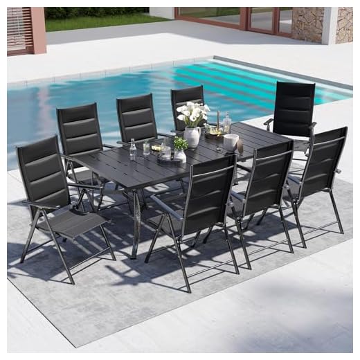BUPPLEE 9-Piece Outdoor Dining Set - 8 Padded Aluminium Folding Chairs & Adjustable Steel Table, Low-Maintenance Garden Furniture for Backyard, Balcony, Poolside, Includes 1.57"-1.97" Umbrella Hole