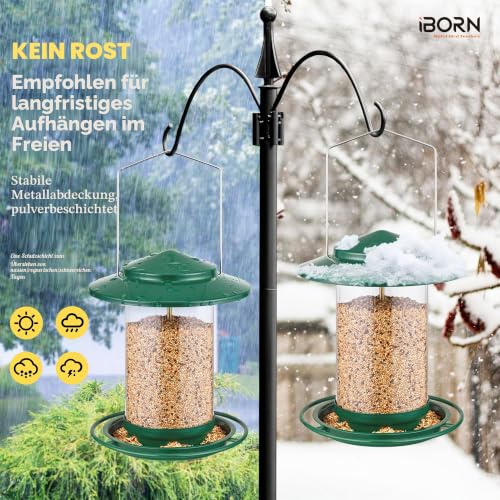 iBorn Vogelfutterspender,Metall Vogelhaus zum Aufhängen,Futterhaus für Vogel mit Futterschale,6 Futterlöcher,18 cm Wetterfest Dach,Ganzjährige Vogelfütterung,Wildvögel Futtersilo,Grün