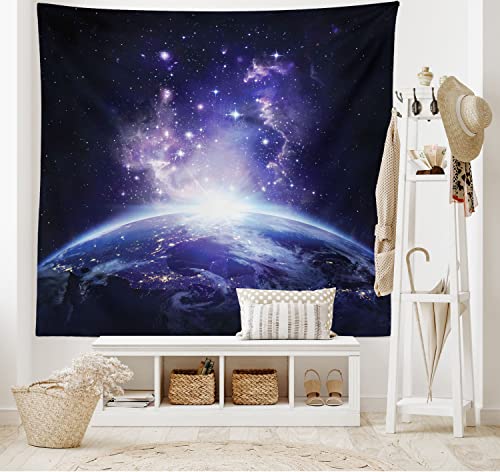 Ambesonne Outer Space Tapestry, Earth Night View from Space Starry Sunrise Sun Rays from Horizon Picture Print, Wall Hanging for Bedroom Living Room Dorm, 60″ X 80″, Purple
