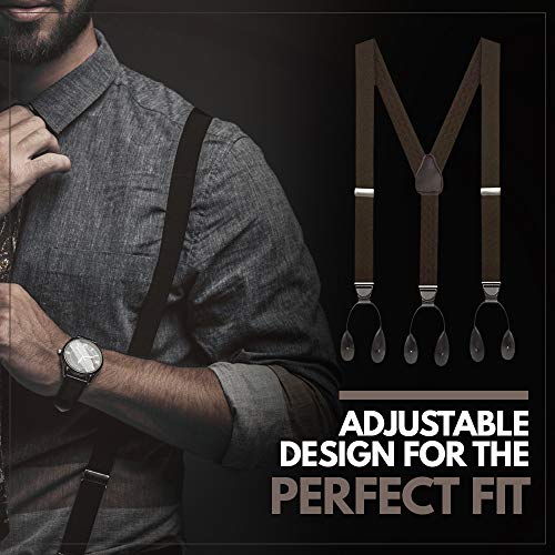 Hold’em 1 ¼ Fancy Stripes And Solid Suspenders For Men – Y-Back Adjustable Leather Trimmed Button End-Str Shadow Navy #TOP2