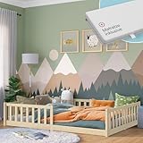 Bellabino Vere Bodenbett 140x200 cm – Montessori Kinderbett mit Matratze, Rausfallschutz & Lattenrost – Jungen & Mädchen Kinder Bett aus Holz Kiefer – Kleinkindbett in Natur