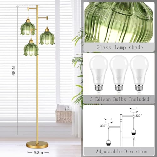 Image of ZECOXOL Vintage Floor Lamps for Living Room Bedroom-3 Light Glass Floor Lamp with Three Led Bulb, Modern Mid Century Standing Lamp Brass Tall Lamp Gold Tree Floor Lamp for Bedroom Corner