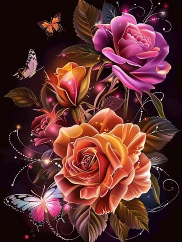 Broderie Diamant Kit Complet Papillons Roses Loisirs Créatifs Adultes 50x70cm