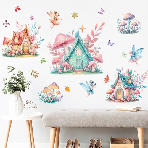 DTLIFEK Woodland Mushroom House Wall Decals Colorful Fairy Butterflies Wall Stickers Removable Vinyl Garden Plant Grass Flower Peel and Stick Wallpaper for Kids Baby Bedroom Nursery Home Decoration 91