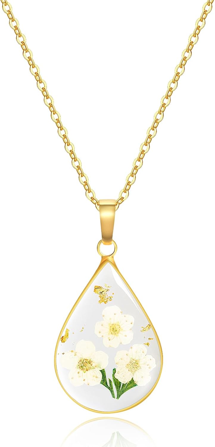jayden Birth Flower Necklace for Women,Real Pressed Flower Necklace,Handmade Month Jewelry,Personalized Plant,Unique Holiday Gift,Teardrop Pendant - Gold | 18"