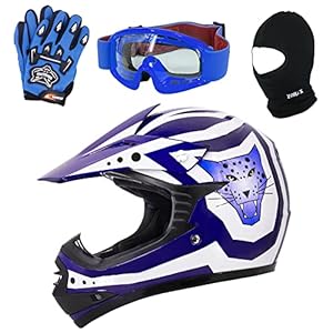 Zorax Blue L (53-54cm) ZOR-X17 Children Kids Motorbike Helmet & Gloves L(7cm) & Goggles & Balaclava – Dirt Bike Off Road…