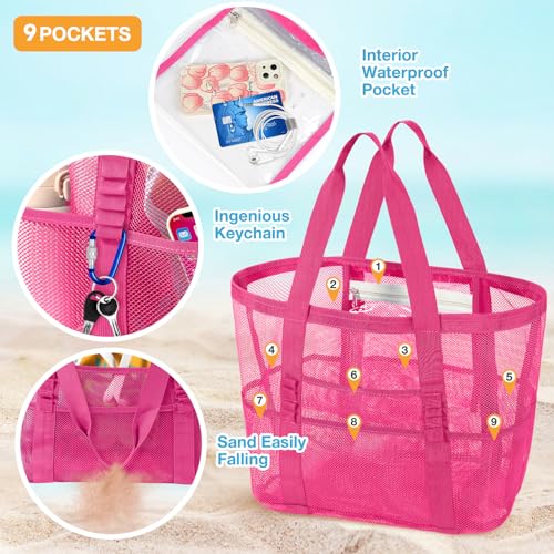 KPX Mesh Beach Bag, Large Beach Tote Bags for Women Foldable Mesh Swimming Pool Bag with Mini Pockets - Sandproof, Waterproof3