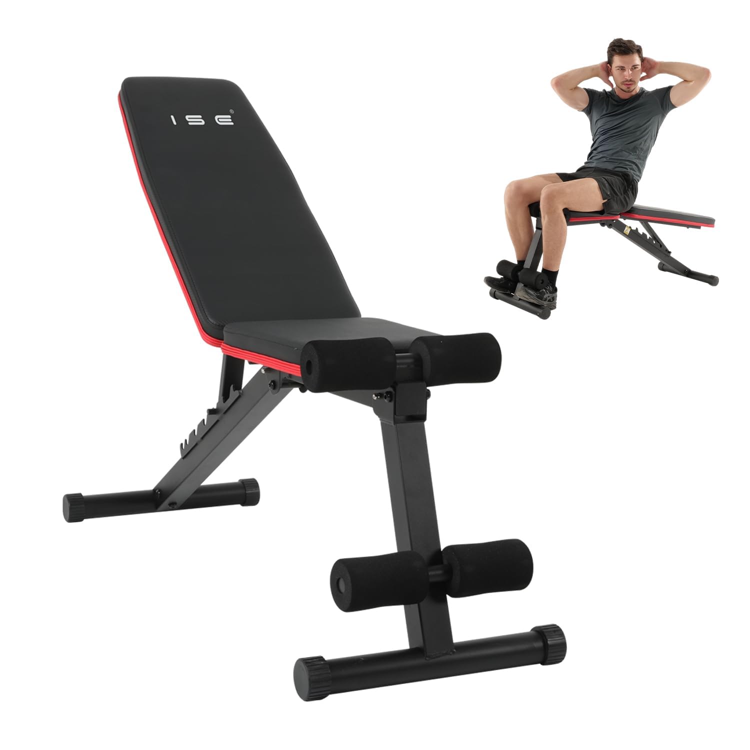 ISE Banc Musculation Pliable/Banc Musculation Plat Pliable, Banc Abdominaux Multifonction, Banc de Musculation Inclinable, Banc Fitness Abdos Réglable 7 Positions, Banc Inclinable Musculation Homme